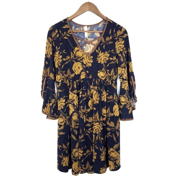 Jules & James Navy Blue Floral Print V-Neck Bell Sleeve Dress Size Small - Picture 1 of 7